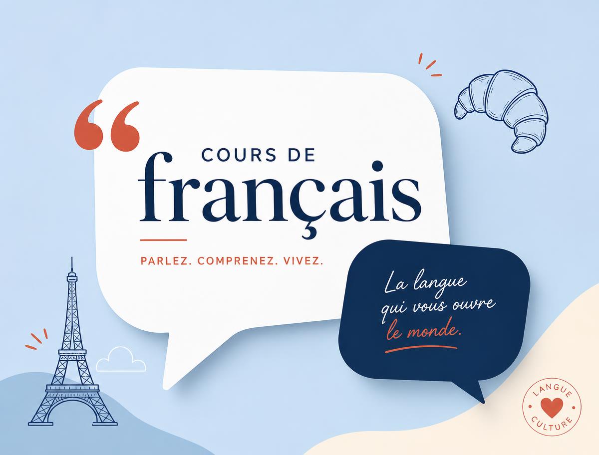 Französisch lernen Graz und online: Illustration mit französischen Sprechblasen, Eiffelturm und Croissant