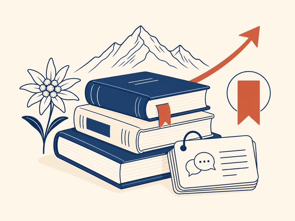 Deutschkurs Graz und online Deutsch lernen von A1 bis C2: Illustration mit Lernbüchern, Vokabelkarten, Alpen und Edelweiß