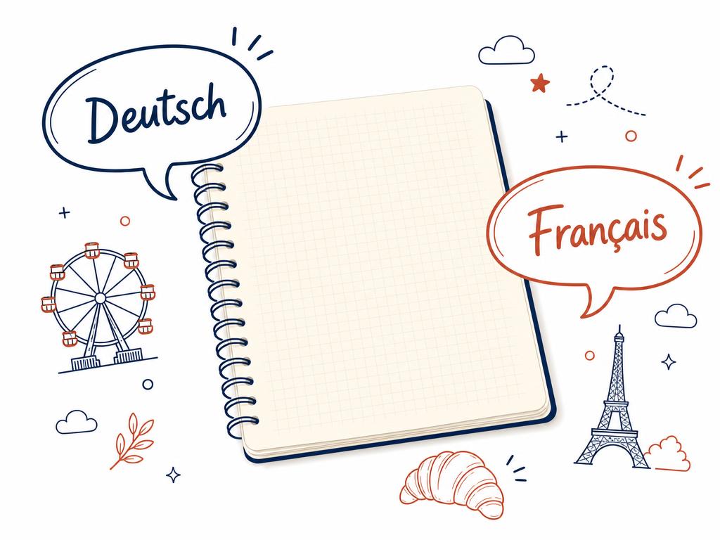 Deutsch und Französisch lernen online in Österreich und in Graz: Illustration mit Notizbuch, Sprechblasen, Grazer Riesenrad und Eiffelturm